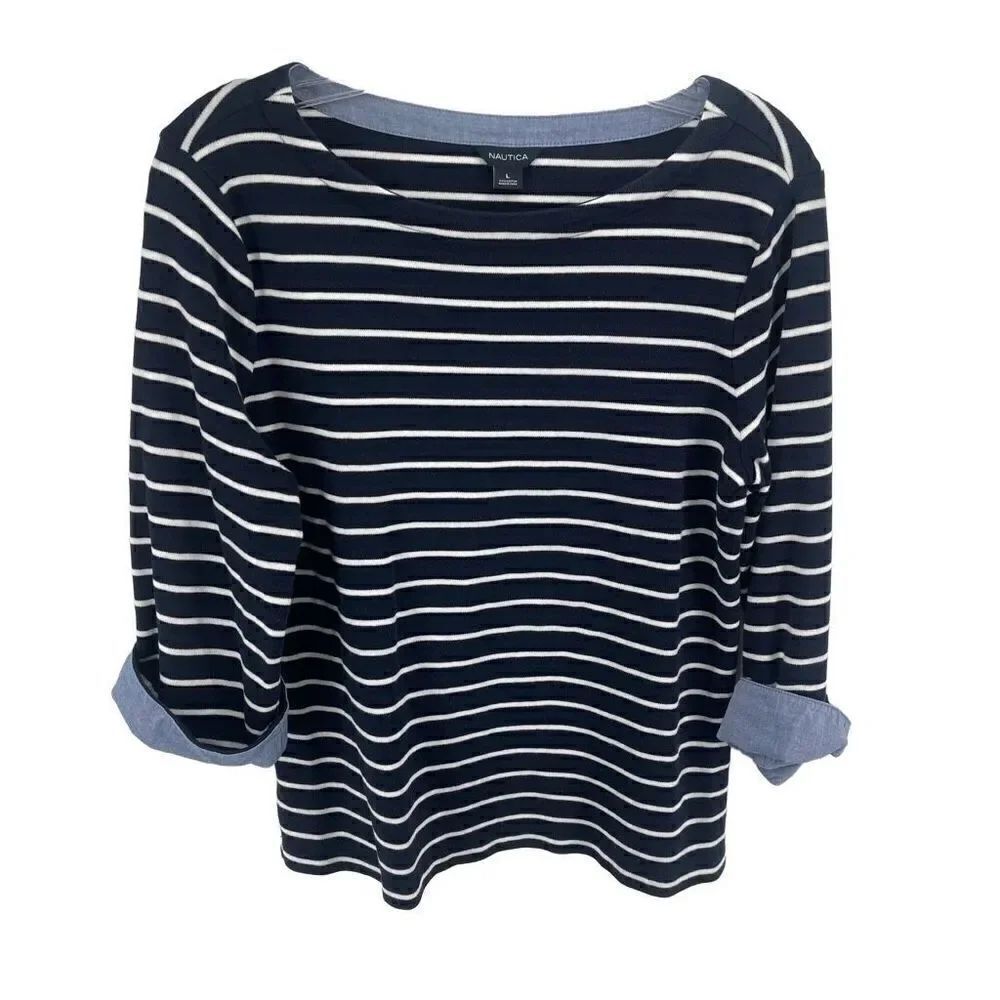 Nautica Women's Boat Neck Blouse Striped Top 3/4 Sleeve Cotton Navy Blue Large